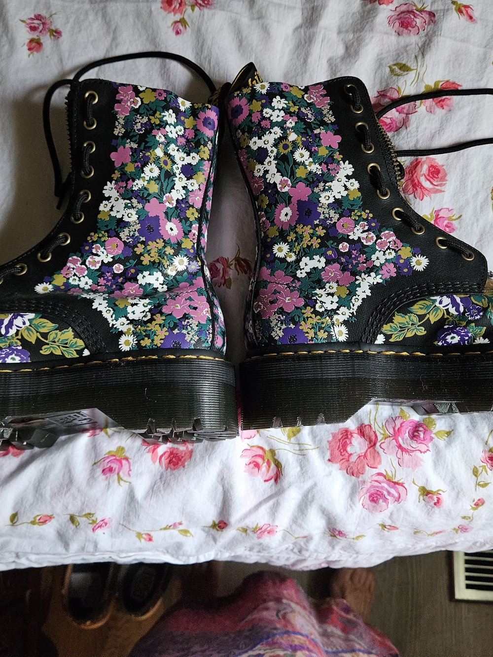 Dr. Martens Black Floral Combat Boots with Pink, Purple & White Blooms